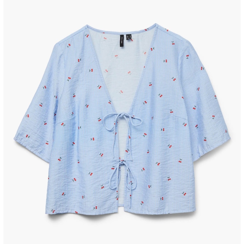 New w/ tags NWT! Vero Moda Tie Front Top - Blue White Stripe Cherry Print - XS
